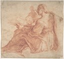 Seated Sibyl and Attendant Genius (recto); Study of the Head of a Horse in Profile (verso), Pirro Ligorio (Italian, Naples ca. 1512/13–1583 Ferrara), Red chalk on beige paper (recto); pen and brown ink (verso)