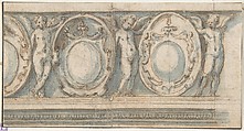 Design for a Decorated Frieze with Alternation of Cartouches and Winged Putti, Attributed to Luzio Luzzi (also known as Luzio Romano, Luzio da Todi) (Italian, active Rome, documented 1519–1582), Pen and brown ink, brush and blue wash (over traces of leadpoint (?))