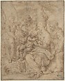 The Holy Family with the Infant Baptist, Saint Elizabeth, and an Attendant Angel, Aurelio Luini (Italian, Luino or Milan ca. 1530–1593 Milan), Pen and brown ink, brush and pale brown wash, on beige paper