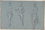 Three studies on a man on a saddle, Wilhelm von Kobell German, Black chalk (or graphite?) and white chalk, on blue paper