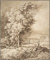 Landscape with Wayfarers, Ferdinand Kobell  German, Brush and brown wash, over graphite or black chalk; framing lines in pen and black ink