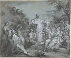 Saint Ignatius of Loyola Preaching, Johann Wolfgang Baumgartner German, Pen and black ink, brush and gray wash, heightened with white bodycolor, over graphite, on blue paper; incised for transfer