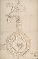 Plan of the Roof and Section of a Pavilion in the Gardens of the Château de Saint-Cloud (recto); Study for the Exterior with Partial Plan of the Pavilion (verso), Pierre Contant d'Ivry (French, Ivry-sur-Seine 1698–1777 Paris), Pen and brown and gray ink, brush and brown wash over traces of black chalk (recto); black chalk (verso)