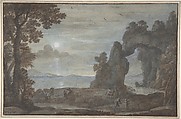 Coast View with Perseus and the Origin of Coral, Claude Lorrain (Claude Gellée) (French, Chamagne 1604/5?–1682 Rome), Pen, brown ink, brown, blue, gray wash, heightened with white gouache