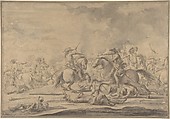 Cavalry Battle, After Jacques Courtois (French, Saint-Hippolyte 1621–1676 Rome), Pen and bistre, washed with bistre and ink