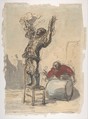 Street Show (Paillasse) (recto); a clown playing a drum (verso), Honoré Daumier (French, Marseilles 1808–1879 Valmondois), Black chalk and watercolor on laid paper (recto);  graphite and black chalk (verso)