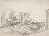 Cottages in a Rocky Landscape, Wolfgang Huber German, Pen and black ink
