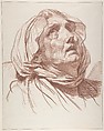 Head of an Old Woman Looking Up, Jean-Baptiste Greuze (French, Tournus 1725–1805 Paris), Red chalk; framing lines in pen and brown ink