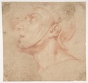 Head of a Man Wearing a Helmet, Looking to Upper Left (recto); Two Sketches, Arms and Hands (verso), Francesco di Maria (Italian, Naples 1623–1690 Naples), Red chalk, highlighted with a little white (recto); black chalk studies of arms (verso)