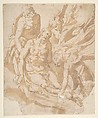 Design of Dead Christ Supported by Two Angels a Saint, Marco Marchetti (Marco da Faenza) (Italian, Faenza before 1528–1588 Faenza), Pen and brown ink, brush and brown wash over traces of leadpoint