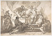 Gaius Mucius Scaevola Thrusting His Right Hand into Fire, Marco Marcola (Italian, Verona ca. 1740–1793 Verona), Pen and black ink, brush and gray-brown wash
