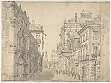 Perspective Design for a Stage Set of an Italian Cityscape, Antonio Mauro II (Italian, active 1784–97), Pen and black ink, brown and gray wash and leadpoint with vertical lines in leadpoint for the architectural construction