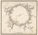 The Holy Spirit Surrounded by a Wreath of Flowers Held up by Infant Angels, Giovanni Battista Merano (Italian, Genoa 1632–1698 Piacenza), Pen and brown ink, brush and brown wash, over black chalk