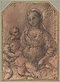 Virgin Adoring the Christ Child with Saint John the Baptist (recto); The Holy Family with Saint John the Baptist (verso), Agnolo del Mazziere (Italian, Florence 1465–1513), Pen and brown ink, brush and brown wash, over traces of black chalk, on off-white paper washed pale ochre-pink