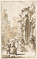 Architectural Capriccio: Garden Entrance to a Palace (recto); Three Masked and Costumed Figures and Other Figure Studies (verso), Francesco Guardi (Italian, Venice 1712–1793 Venice), Pen and brown ink, brush and  brown wash, over black chalk. Framing lines in pen and brown ink (recto); pen and light brown ink for costumed figures; dark brown ink for the other figures; in graphite, drawing of a head in profile (verso)