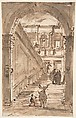 Architectural Fantasy: Figures on a Grand Staircase (recto); Studies for the Frame of a Shaped Field (verso), Francesco Guardi (Italian, Venice 1712–1793 Venice), Pen and brown ink, brush and brown wash, over red chalk (recto); pen and brown ink, brush and brown wash (verso)