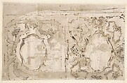 Architectural Fantasy: Figures on a Grand Staircase (recto); Studies for the Frame of a Shaped Field (verso), Francesco Guardi (Italian, Venice 1712–1793 Venice), Pen and brown ink, brush and brown wash, over red chalk (recto); pen and brown ink, brush and brown wash (verso)