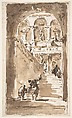 Architectural Fantasy: Figures on a Grand Staircase, Francesco Guardi (Italian, Venice 1712–1793 Venice), Pen and brown ink, brush and brown wash. Framing lines in pen and brown ink