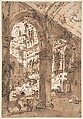 Architectural Capriccio: Courtyard of a Palace, Francesco Guardi (Italian, Venice 1712–1793 Venice), Pen and brown ink, brush and brown wash, over red chalk