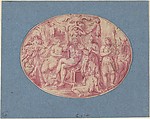 Ornamental design with Orpheus and Eurydice, Anonymous, Dutch, 17th century (c) Dutch, Pen and red ink, brush and red wash, oval