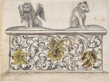 Ornamental design for front of a chest with winged lion and bear, Anonymous, French, 19th century (?) French, Pen and black, brown, and gray ink with watercolor.
