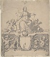 Cartouche with a Crown, the Virgin (?) and the Holy Ghost, and Four Putti, Johann Matthias Kager German, Pen and black ink, gray wash