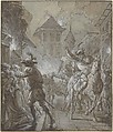 Soldiers pillaging a town, Anonymous, 17th century, Pen and black and brown ink, brush and brown wash, heightened with white, on laid paper prepared with gray wash; framing lines in pen and black ink