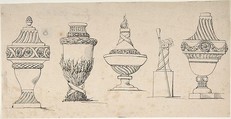 Studies for four urns with a walking stick and hat, Anonymous, German, 18th century (?) German, Pen and black ink, traces of black chalk