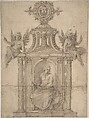 Ornamental Drawing, with St. John the Evangelist Seated in a Columned Niche, with Two Putti, Anonymous, Italian, late 16th century Italian, Pen and brown ink, brush and brown wash.