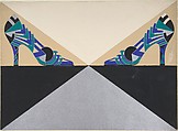 Blue, Green, Black and Silver Geometric-Patterned Pump for Delman's Shoes, New York, Erté (Romain de Tirtoff) (French (born Russia), St. Petersburg 1892–1990 Paris), Gouache