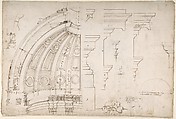 St. Peter's, dome and drum, interior section and elevation, and labeled details (recto); St. Peter's, moulding profiles, details  (verso), Attributed to Etienne DuPérac (French, ca. 1535–1604), Pen and brown ink, black chalk, and incised lines
