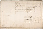 Santa Maria Maggiore, Sforza Chapel, elevation (recto) Unknown, entablature, partial cornice, and column or pilaster base profile (verso), Drawn by Anonymous, French, 16th century, Dark brown ink, black chalk, and incised lines