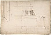 St Peter's, cornice, exterior, profile (recto) Unidentified, moulding, elevation; Unidentified structure, plan  (verso), Drawn by Anonymous, French, 16th century, Dark brown ink, black chalk, and incised lines