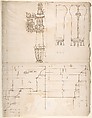 St. Peter's, cornice and architrave, profile; key, elevation; triglyph and guttae, elevation and section (recto) blank (verso), Drawn by Anonymous, French, 16th century, Dark brown ink, black chalk, and incised lines