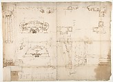 Palazzo dei Conservatori, portico, plan; portal, elevation; details, elevations (recto) Palazzo dei Conservatori, portico, elevation; details, profiles (verso), Drawn by Anonymous, French, 16th century, Dark brown ink, black chalk, and incised lines