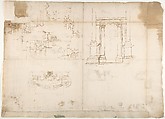 Palazzo dei Conservatori, portico, plan; portal, elevation; details, elevations (recto) Palazzo dei Conservatori, portico, elevation; details, profiles (verso), Drawn by Anonymous, French, 16th century, Dark brown ink, black chalk, and incised lines