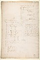 San Lorenzo, New Sacristy, niche frame, tabernacle, plan and elevation (recto) San Lorenzo, New Sacristy, entablature, cornice, and base of niche, profiles (verso), Drawn by Anonymous, French, 16th century, Dark brown ink, black chalk, and incised lines