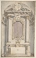 Designs for an Altar in a Niche, Flaminio Innocenzo Minozzi (Italian, Bologna 1735–1817 Bologna), Pen and brown ink, brush and brown, gray, purple-gray and green wash, over traces of leadpoint; vertical line in leadpoint and pen and brown ink through the center of the drawing to create the symmetry