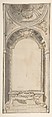 Architectural Design with an Altarpiece Framed in a Niche and Surmounted by a Dome, Flaminio Innocenzo Minozzi (Italian, Bologna 1735–1817 Bologna), Pen and brown ink, brush and brown, gray, yellow, and rose wash, with a vertical line in leadpoint (in half part of the drawing) through the center to create the symmetry