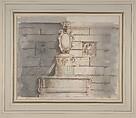 Design for a Fountain at a Street Corner Decorated with Putti Heads, a Coat of Arm and a Gargoyle Head on the Top, Flaminio Innocenzo Minozzi (Italian, Bologna 1735–1817 Bologna), Pen and brown ink, brush and brown and gray wash over traces of red chalk