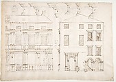 Villa Farnesina, Stables, half front elevation and end elevation (recto) Palazzo Salviati-Adimari, plan (verso), Drawn by Anonymous, French, 16th century, Dark brown ink, black chalk, ink wash, and incised lines