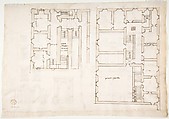 Villa Farnesina, Stables, half front elevation and end elevation (recto) Palazzo Salviati-Adimari, plan (verso), Drawn by Anonymous, French, 16th century, Dark brown ink, black chalk, ink wash, and incised lines
