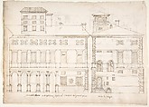 Palazzo Salviati-Adimari elevations (recto) Villa Farnesina stables, plan and section; drawing of a screw (verso), Drawn by Anonymous, French, 16th century, Dark brown ink, black chalk, and incised lines
