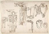 Palazzo Capodiferro (Spada), partial elevation, details; Santa Trinità dei Monti, Orsini Chapel, frame, elevation; various details, perspective (recto) blank (verso), Drawn by Anonymous, French, 16th century, Dark brown ink, black chalk, and incised lines