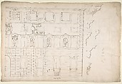 Palazzo Spada (Capodiferro), right half, elevation; details profiles (recto) Wall, interior, elevation; ceiling, interior, plan (verso), Drawn by Anonymous, French, 16th century, Dark brown ink, black chalk, and incised lines