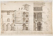 Palazzo Pirro in Rome, section (recto) Palazzo Pirro in Rome, sections; profiles (verso), Drawn by Anonymous, French, 16th century, Dark brown ink, black chalk, and incised lines
