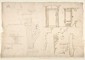 Palazzo Massimo alle Colonne, fireplace, details; Unknown, cornice, profile (recto) Palazzo Massimo alle Colonne, door and window, details (verso), Drawn by Anonymous, French, 16th century, Dark brown ink, black chalk, and incised lines