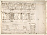 Palazzo Giroud Torlioni, elevation, cornice details (recto) Calculation table (verso), Drawn by Anonymous, French, 16th century, Dark brown ink, black chalk, and incised lines