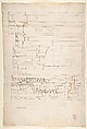 Palazzo Massimo alle Colonne, entablature, elevation (recto); Portico, Doric capital and entablature, elevation and Unknown, Corinthian cornice, elevation (verso), Drawn by Anonymous, French, 16th century, Dark brown ink, black chalk, and incised lines
