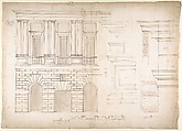 Palazzo Caffarrelli-Vidoni, elevation; details (recto) blank (verso), Drawn by Anonymous, French, 16th century, Dark brown ink, black chalk, and incised lines